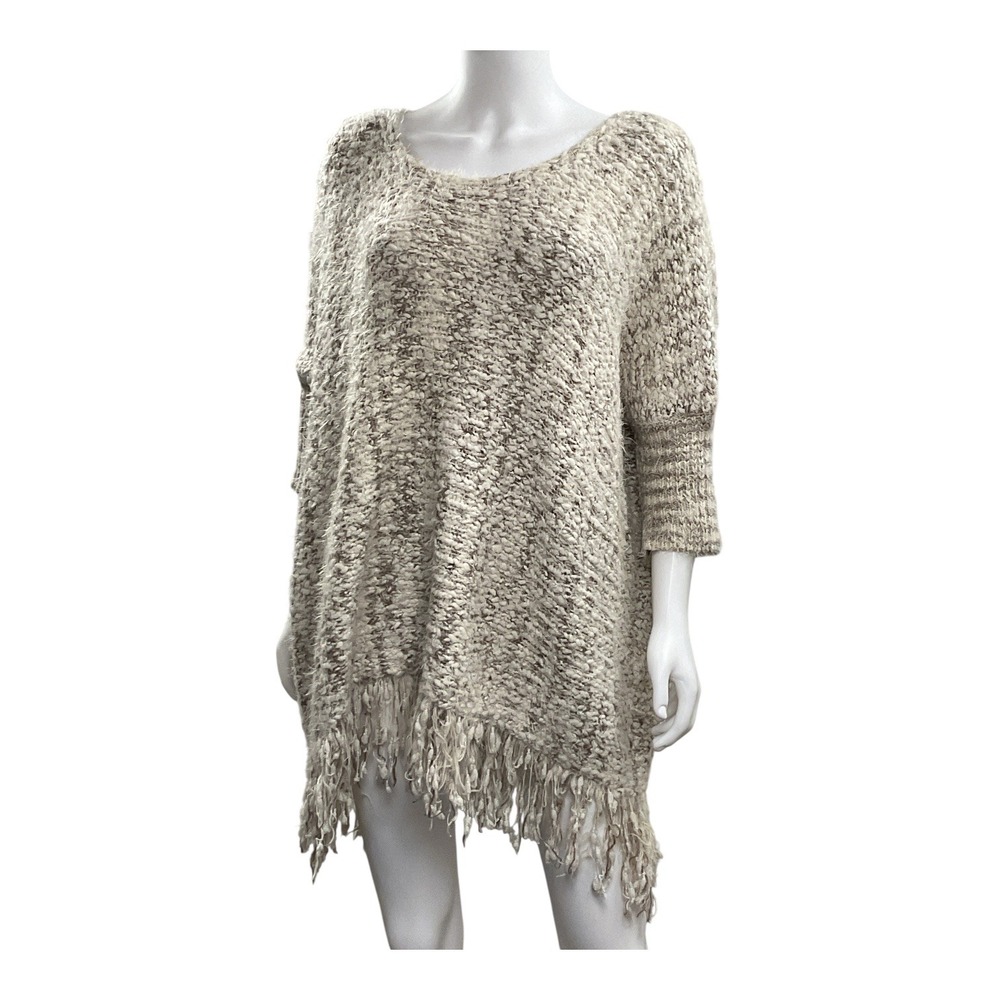 Umgee Fringe Poncho Knit Sweater Tunic Pullover Oversized Neutral Colors - Picture 3 of 12